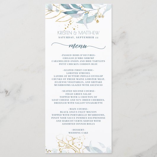 Waterverf Stoffig Blauw Bloemen Goud Elegant Bruil Menu (Voorkant)