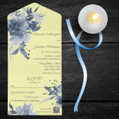 Waterverf Stoffig Blauw Bloemen op Gele QR Code All In One Uitnodiging