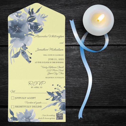 Waterverf Stoffig Blauw Bloemen op Gele QR Code All In One Uitnodiging