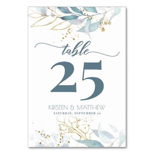 Waterverf Stoffig Blauw Goud Bloemen Elegant Bruil Kaart (Voorkant)