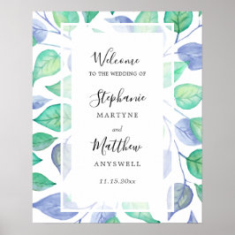 Waterverf Stoffig Blauw Groen Bladbladeren Bladgro Poster