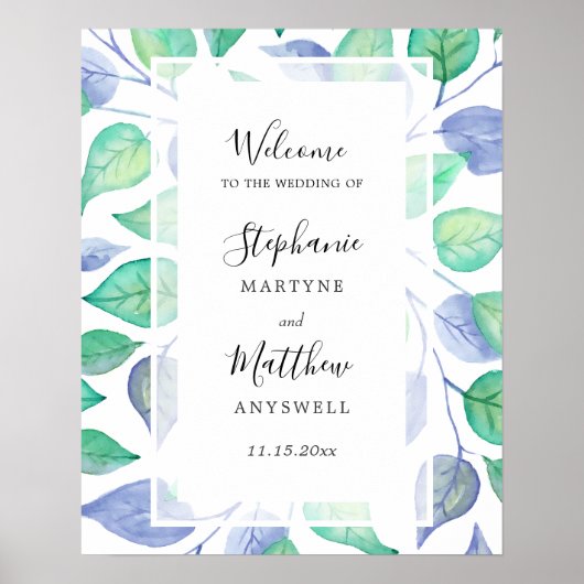 Waterverf Stoffig Blauw Groen Bladbladeren Bladgro Poster (Voorkant)