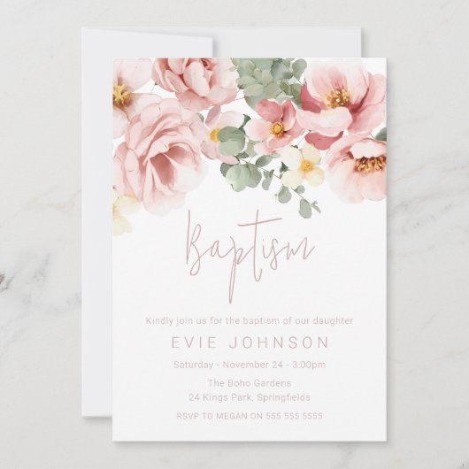 Waterverf Stoffig Roos Mooie Doop Kaart (Voorkant)