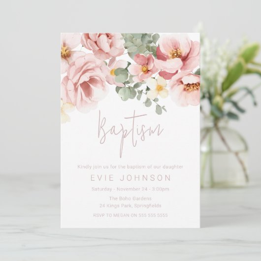 Waterverf Stoffig Roos Mooie Doop Kaart (Staand voorkant)