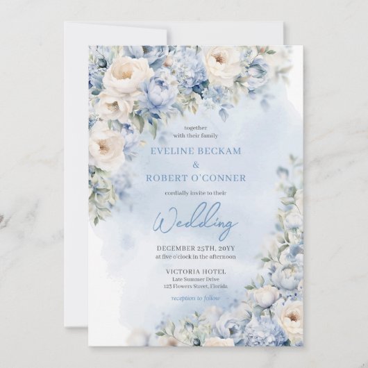 Waterverf stoffige blauw-witte pioenen bruiloft kaart (Voorkant)