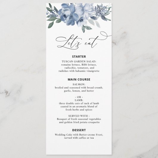 waterverf stoffige blauwe bloemen bruiloft menu (Voorkant)