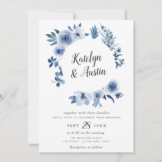 Waterverf stoffige blauwe bloemenbruiloft kaart (Voorkant)