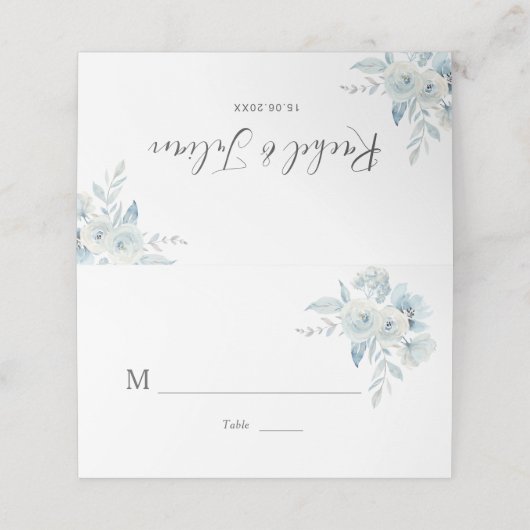 Waterverf stoffige blauwe bloemenbruiloft plaatskaartje (Buitenkant ongevouwen)