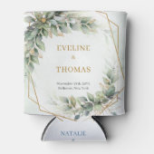 Waterverf stoffige groen en gouden glitter bruilof blikjeskoeler (Voorkant)