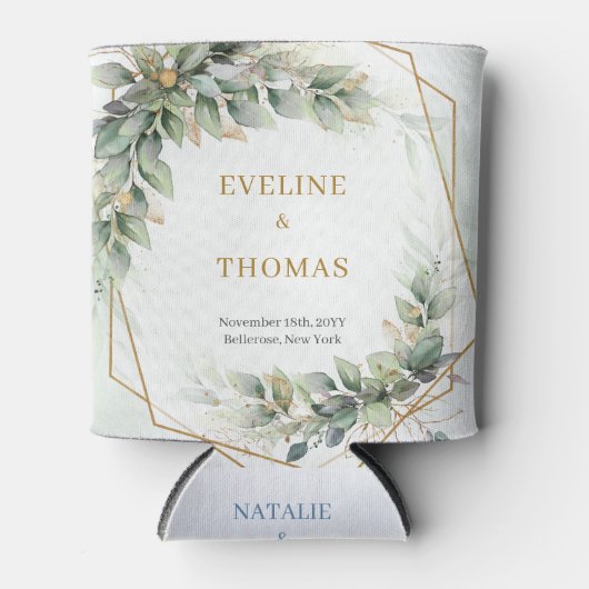 Waterverf stoffige groen en gouden glitter bruilof blikjeskoeler (Voorkant)