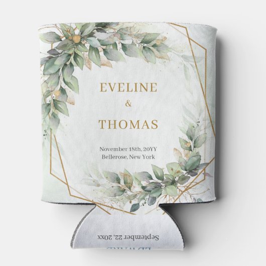 Waterverf stoffige groen en gouden glitter bruilof blikjeskoeler (Achterkant)