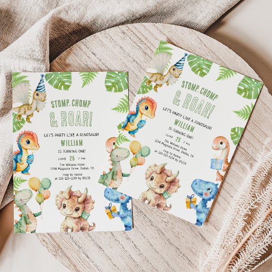 Waterverf Stomp Chomp & Roar Kids Verjaardagsfeest Kaart