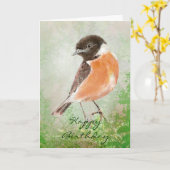 Waterverf Stonechat Happy Birthday, vogel Kaart (Gele Bloem)