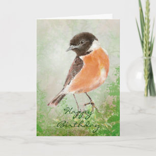 Waterverf Stonechat Happy Birthday, vogel Kaart