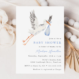 Waterverf Stork Blue Boy Baby shower Uitnodiging