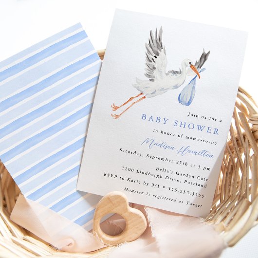 Waterverf Stork Blue Boy Baby shower Uitnodiging