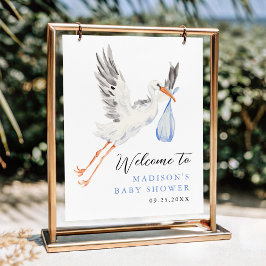 Waterverf Stork Blue Boy Baby shower Welkom Poster