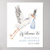 Waterverf Stork Blue Boy Baby shower Welkom Poster (Voorkant)