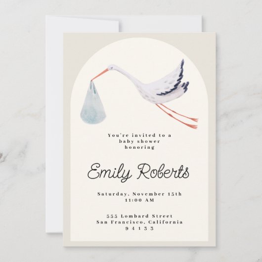 Waterverf Stork Neutral Baby shower Invitation Kaart (Voorkant)