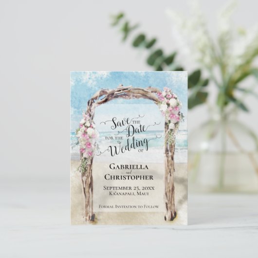 Waterverf Strand Bestemming Bruiloft Save the Date Aankondigingskaart (Staand voorkant)