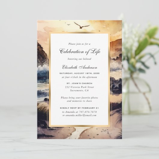 Waterverf strand bij zonsondergang viering van het kaart (Staand voorkant)