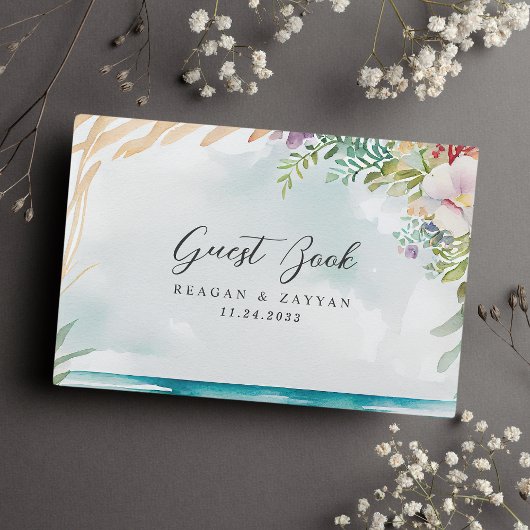 Waterverf Strand Bloemenscene Zomer Huwelijk Gastenboek
