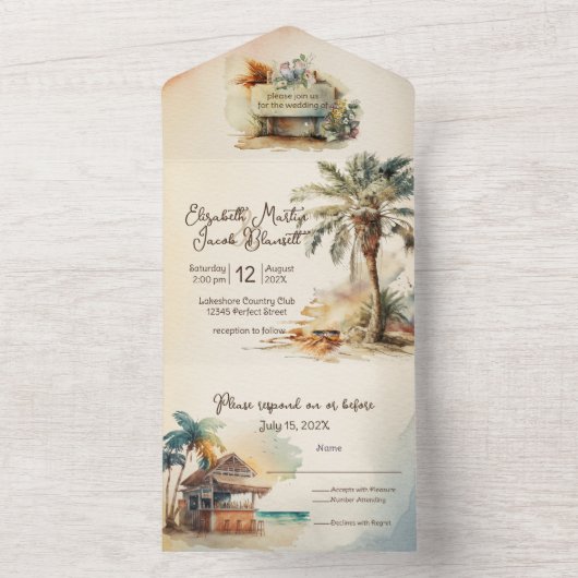 Waterverf strand bruiloft all in one uitnodiging (Binnen)