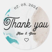 Waterverf strand bruiloft dank u ronde sticker (Voorkant)