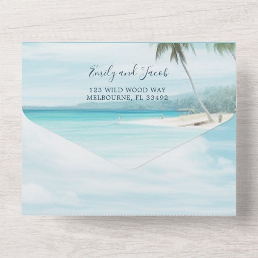 Waterverf strand bruiloft met foto all in one uitnodiging (Achterkant)