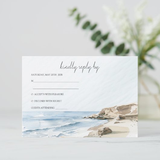 Waterverf Strand Bruiloft RSVP Kaart (Staand voorkant)