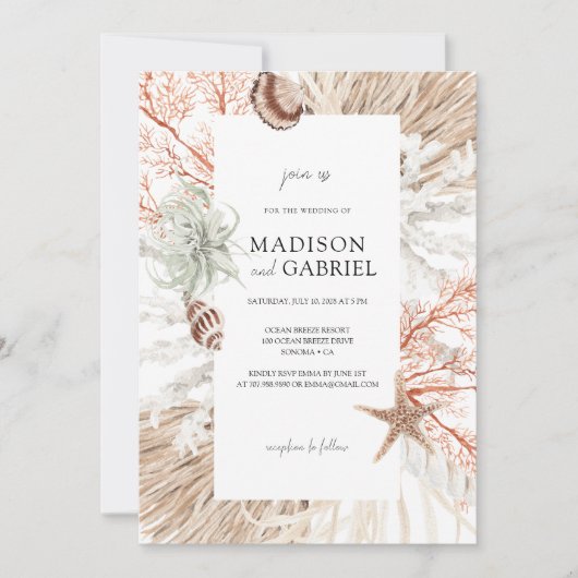Waterverf Strand Bruiloft Zeeschelpen Koraal Pampa Kaart (Voorkant)