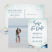 Waterverf Strand Calligrafie Foto Save The Date Uitnodiging Briefkaart (Voorkant / Achterkant)