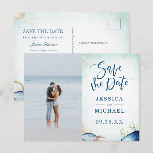 Waterverf Strand Calligrafie Foto Save The Date Uitnodiging Briefkaart (Voorkant / Achterkant)