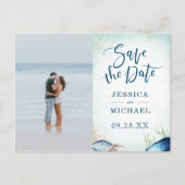 Waterverf Strand Calligrafie Foto Save The Date Uitnodiging Briefkaart (Voorkant)