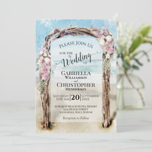 Waterverf Strand Driftwood Bloemenboog Bruiloft Kaart (Staand voorkant)