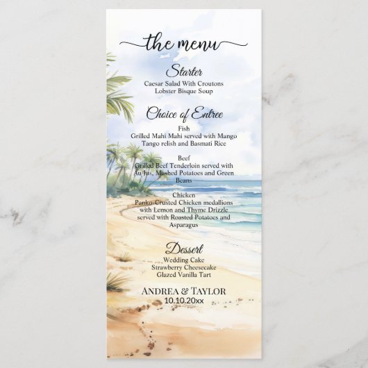 Waterverf strand en palmbomen Elegante bruiloft Menu (Voorkant)