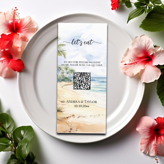 Waterverf strand en palmbomen QR Code bruiloft Menu