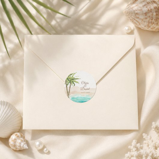 Waterverf Strand en Palmboom Bruiloft Ronde Sticker