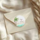 Waterverf Strand en Palmboom Bruiloft Ronde Sticker