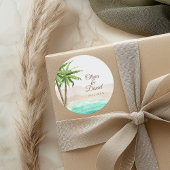 Waterverf Strand en Palmboom Bruiloft Ronde Sticker