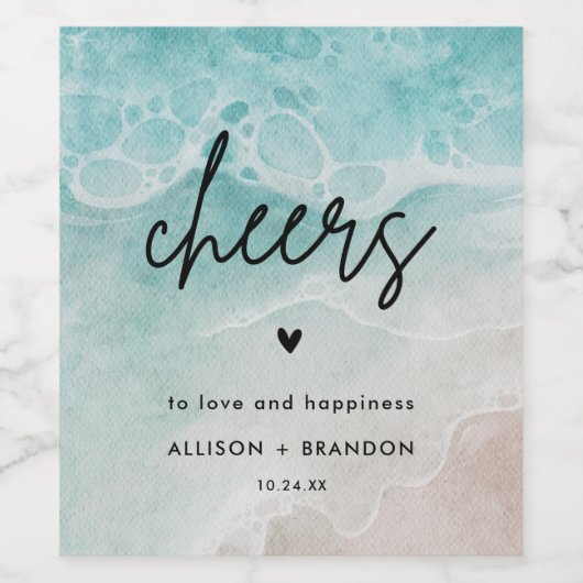 Waterverf strand gepersonaliseerde bruiloft wijn etiket (Enkel label)