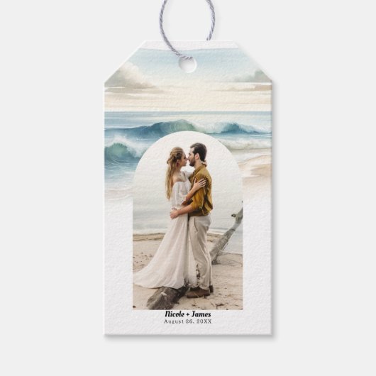 Waterverf strand golven kust foto bruiloft cadeaulabel (Voorkant)