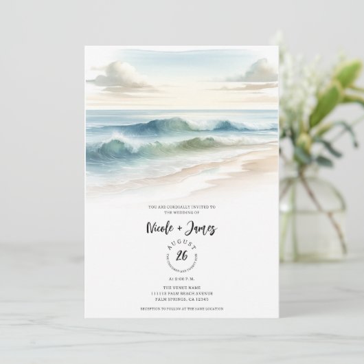 Waterverf strand golven rustieke kustbruiloft kaart (Staand voorkant)