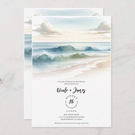 Waterverf strand golven rustieke kustbruiloft kaart (Voorkant / Achterkant)