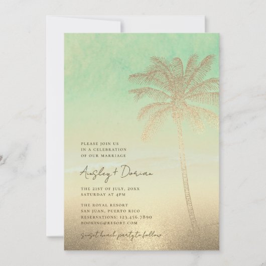 Waterverf Strand Gouden Zand Palm Tree Boho Huweli Kaart (Voorkant)