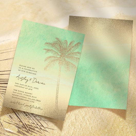Waterverf Strand Gouden Zand Palm Tree Boho Huweli Kaart