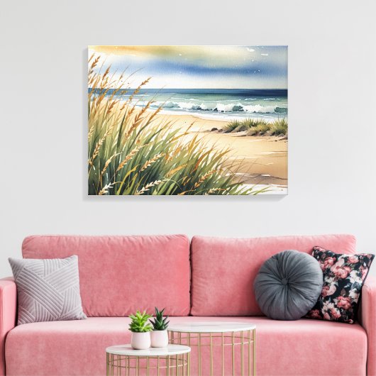 Waterverf strand gras en oceaan scène canvas afdruk (Insitu (Woonkamer))