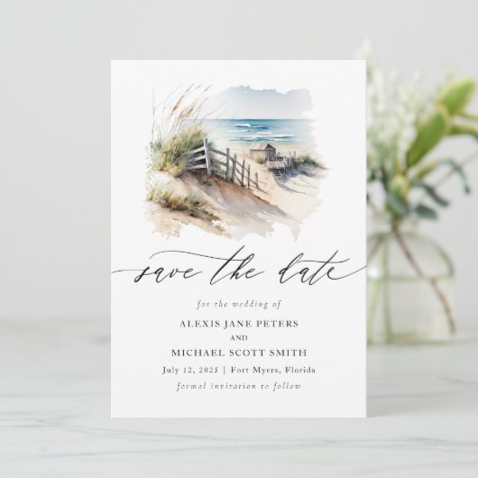 Waterverf Strand Kustkalligrafie Save The Date (Staand voorkant)