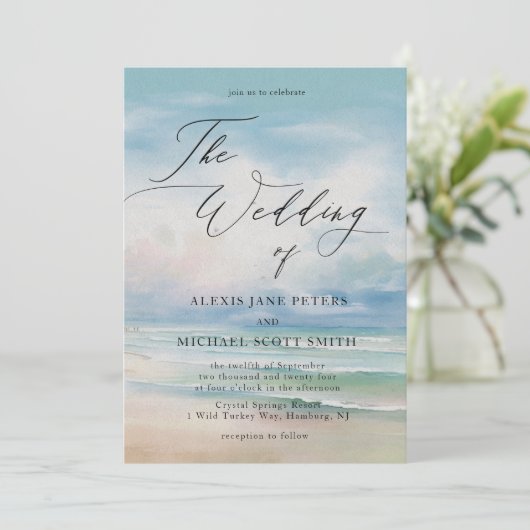 Waterverf strand oceaan kust bruiloft kaart (Staand voorkant)