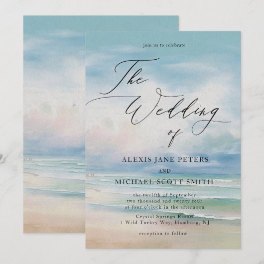 Waterverf strand oceaan kust bruiloft kaart (Voorkant / Achterkant)
